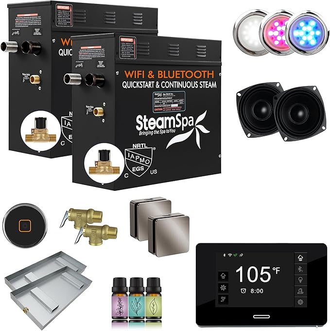 SteamSpa Steam System 15kW Steam Shower Generator with Bluetooth Wifi, Quickstart Continous Steam, Advanced Touch Pad Screen, Chroma Lights, Drain Pan and Auto Drain Brushed Nickel RVBS1500BN-A