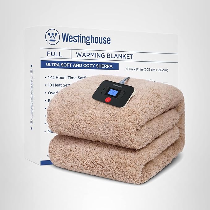 Westinghouse Electric Blanket Full Size, Soft Plush Sherpa Heated Blanket with 10 Heating Levels & 1-12 Hours Auto-Off, Machine Washable, 80x84 inches, Camel