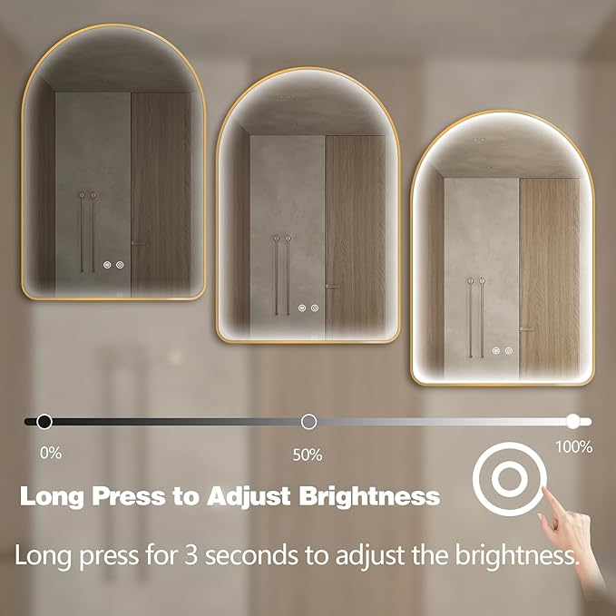 Niccy Arched LED Bathroom Mirror, 40"x30" Gold Framed Arch Wall Lighted Mirrors, Arching Frontlit Vanity-Mirror with Memory Function for Bathroom Bedroom, Defogger and 3 Color, Explosion-Proof