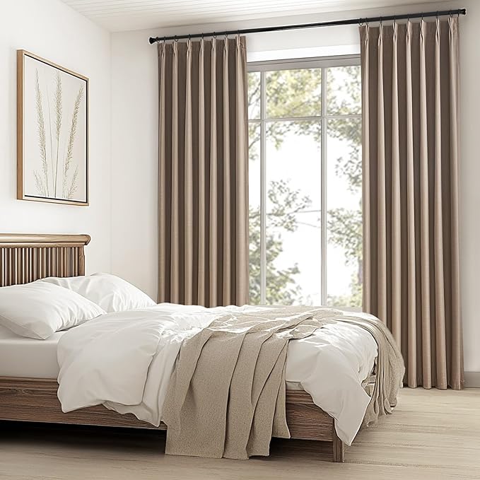 Topfinel 105 Inches Long Custom Black Out Faux Thick Linen Drapery Panels, Taupe Chocolate Brown Pinch Pleated Heat Reflective Neurtral Curtains with Pin Hooks, Luxury Lined Back Tab Drapes Set of 2