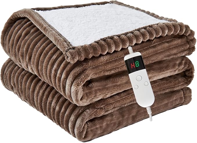 Heated Blanket Electric Throw, Soft Flannel Heating Blanket with 8 Hours Auto Off 10 Fast Heating Levels Machine Washable Sherpa Heated Blanket with Overheating Protection