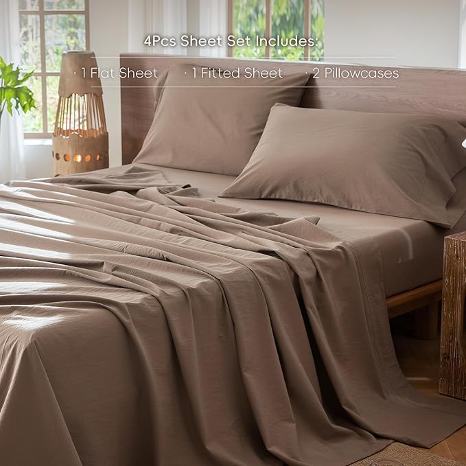 MooMee Bedding Sheet Set 100% Washed Cotton Linen Like Textured Breathable Durable Soft Comfy (Solid Brown, Queen)
