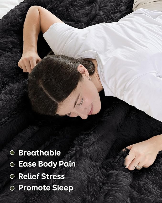 Uttermara Weighted Blanket Queen Size 20 lbs for Adults, Long Shaggy Elegant Faux Fur and Fluffy Cozy Sherpa Reverse Bed Blanket, Thick Plush Throw for Sofa Bed, 60 x 80 inches, Black