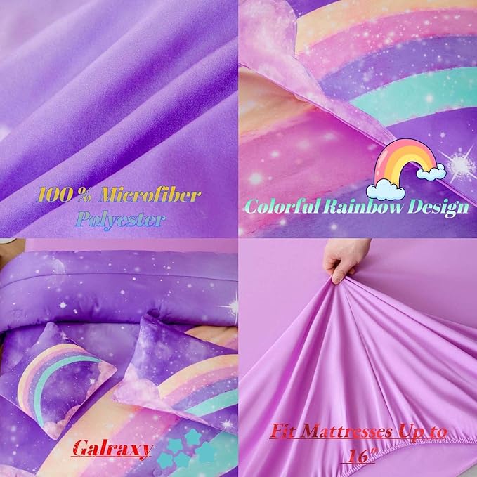 ANGIYUIN 6Pcs Gradient Purple Queen Size Comforter Set for Girls 3D Colorful Rainbow Galaxy Bed in A Bag Gradient Glitter Bedding Comforter Sets for All Season
