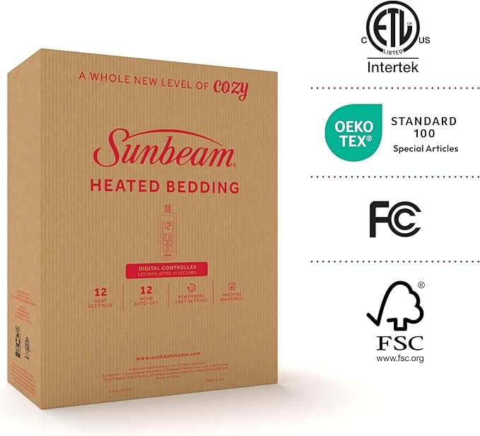 Sunbeam Electric Royal Luxe Microplush Heated Blanket, 12 Heat Settings, 12-Hour Auto Shut-Off, Fast Heating, Warm & Cozy, Machine Washable, Mushroom Color, Queen (90" x 84")