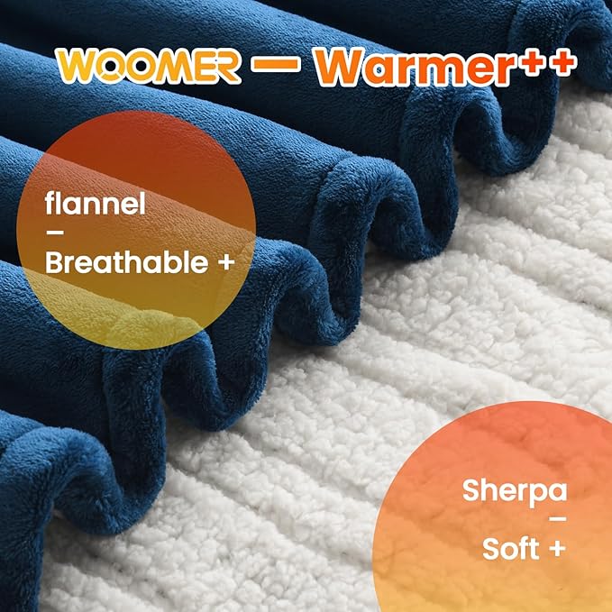WOOMER Electric Blanket Twin Size,Durable Flannel and Soft Sherpa,Dual Control,62”×84” Heated Throw Blanket, 10 Heat Levels&0.5-12h auto-Off,Energy Efficient,ETL Certified