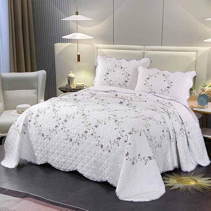 vctops 3-Piece Elegant Floral Embroidered Bedspread Coverlet Set Twin Size 100% Cotton Reversible Patchwork 1 Quilt and 2 Pillow Shams (Purple,Twin)