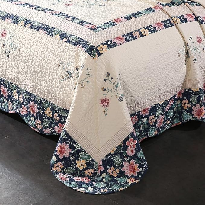 Quilt Set Floral Leaves 3D Embroidery Pattern 3 PCS Cotton Reversible Quilted Embroidered Decorative Bedspreads Coverlet Set, Lightweight &Soft Queen Size Beige Bedding Coverlet for All Season