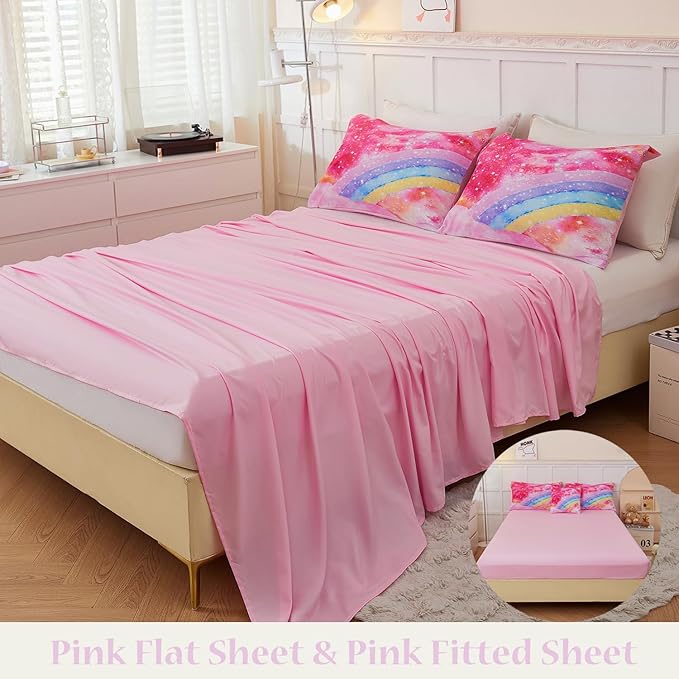 ANGIYUIN Rainbow Twin Size Comforter Set for Girls, 6 Pieces Sparkle Tie Dye Pink Girls Bedding Comforter Sets, Galaxy Kids Bed Sets, Gradient Glitter Soft Bed in A Bag wit Sheets