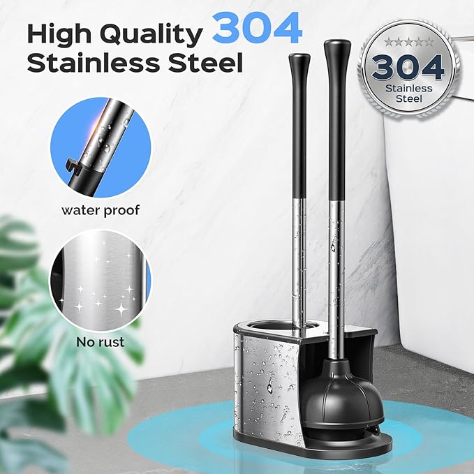 HAMITOR Toilet Plunger and Brush Set: 2 Pack 2 in 1 Stainless Steel Rustproof Combo with Curved Bristles - Heavy Duty Toilet Unclogging for Family Bathroom - Compact Apartment Cleaning Accessories