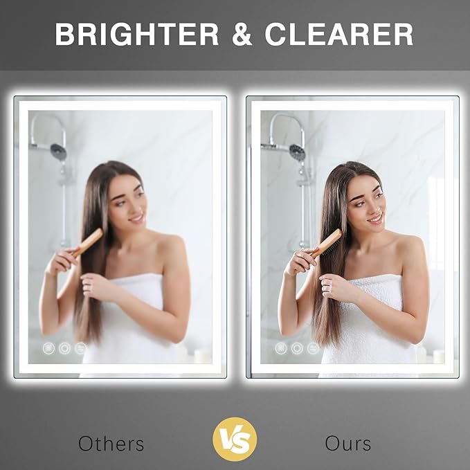 LED Mirror for Bathroom 20"x 28" with Frontlit and Backlit, Anti-Fog Mirror with Lights, Stepless 3 Colors Temperature & Dimmable Bathroom Mirror, Memory Tempered Glass Mirror for Bathroom