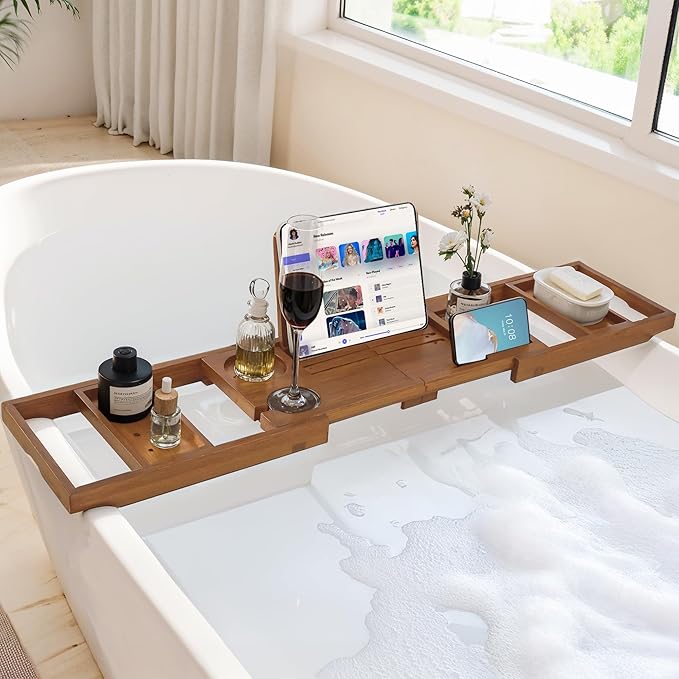 Teak Bathtub Tray Expandable Bathroom Tray for Home Spa Relaxation, Wooden Tray Caddy for Bathtub, Teak Bathtub Caddy as Unique Housewarming, Birthday, Wedding Shower Gifts (Natural Teak)
