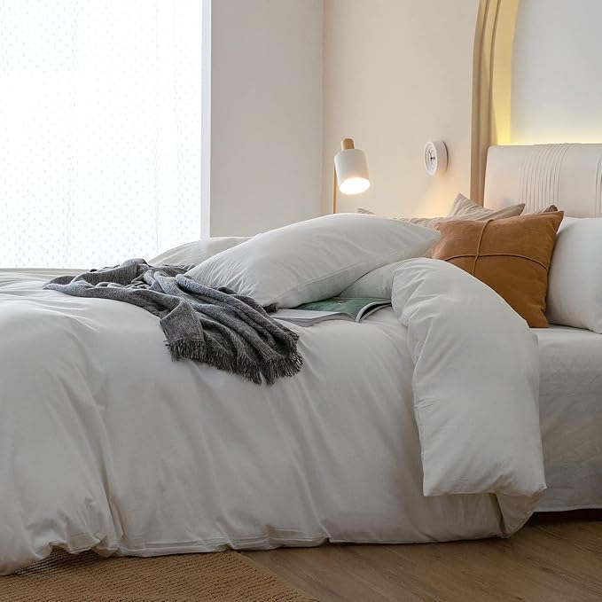 JIYUAN 100% Washed Cotton Duvet Cover Set 3 Pieces Oversized King, 1 Duvet Cover 120x98 Inches(Comforter Not Included) and 2 Pillowcases,Linen Feel Bedding Set Comfy and Breathable,Off White