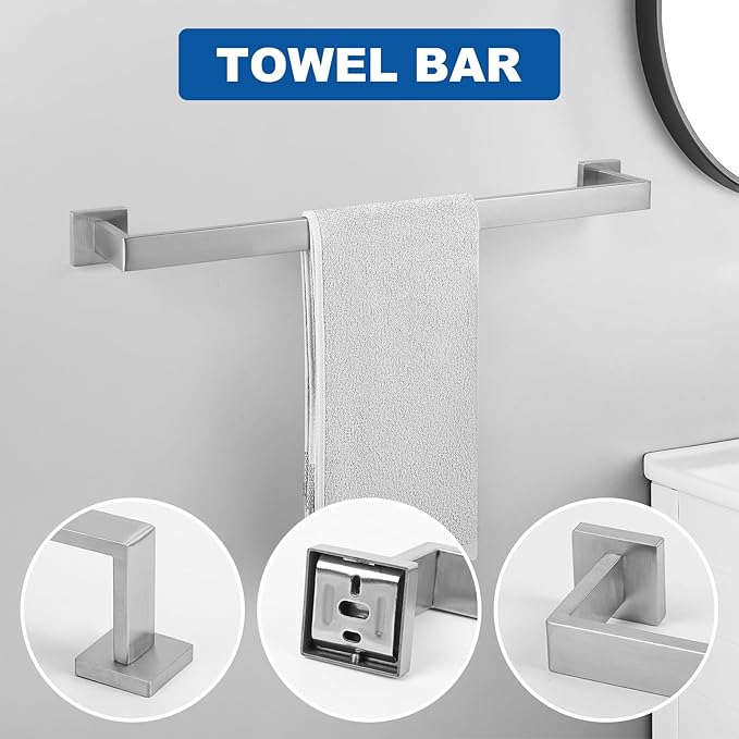 Cilee 10-Pieces Bathroom Hardware Set - Brushed Nickel Bathroom Accessories, 24 Inch Towel Bar, Square Towel Ring, Toilet Paper Holder, Towel Hook, Wall-Mounted Stainless Steel Towel Bar Rack Set