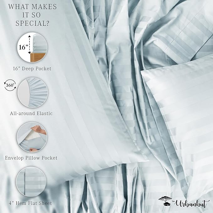 URBANHUT 1000 Thread Count Damask Striped California King Sheet Set Egyptian Cotton, Long Staple Soft & Breathable, 4 Pc Bed Sheet Sets, Luxury Hotel Sateen Sheets Fits 16" Deep Pocket - Light Blue