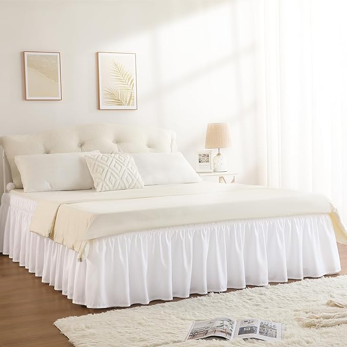 RIMELA White Bed Skirt Queen Size 16 Inch Drop, Elastic Bed Skirting for Bed Base and Frame, Bedding Dust Ruffle Easy to Install, Lightweight Wrap Around Adjustable Bedskirt
