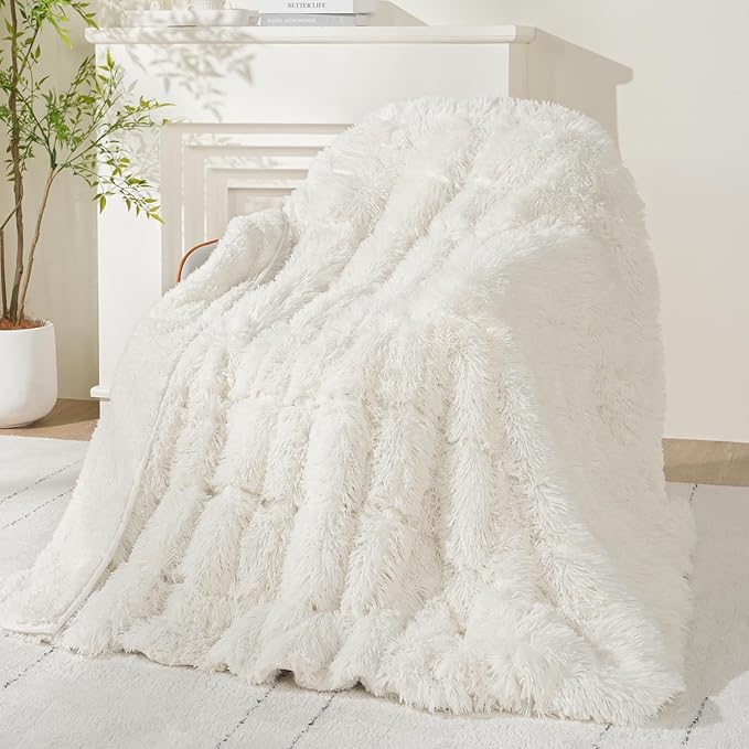 Wemore Shaggy Long Fur Faux Fur Weighted Blanket, Cozy and Fluffy Plush Sherpa Long Hair Blanket for Adult 10lbs, Fluffy Fuzzy Sherpa Reverse Heavy Blanket for Bed, Couch, Cream White, 48 x 72 Inches