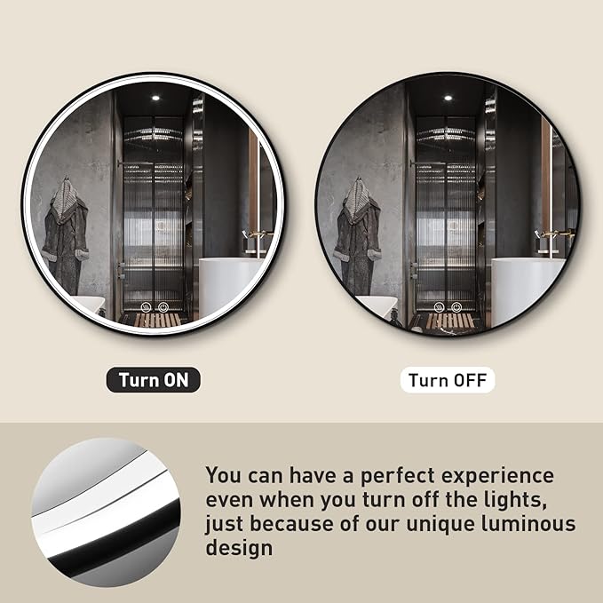 40" Round LED Bathroom Mirror, Dimmable Anti-Fog Vanity Mirror with Touch Control, 6000K Natural Light, Black Metal Frame, Wall Mounted for Makeup Shaving (IP54, 90+ CRI)