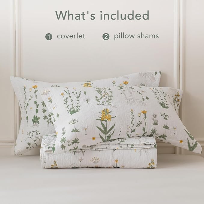 Lady Ann Oversized King Bedspreads 128x120, Cotton California King Quilt Bedding Set, Yellow Floral & Green Leaves Pattern Printed Cottagecore Coverlet Set Shabby and Chic Bedspread, 3 Pcs