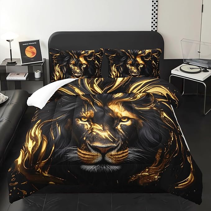 Black & Gold Full Comforter Set Lion，Animal Print Full Size Bedding，with 1 Comforter with 2 Pillow Case，Lion Themed Bedroom Decor for Boy Kids