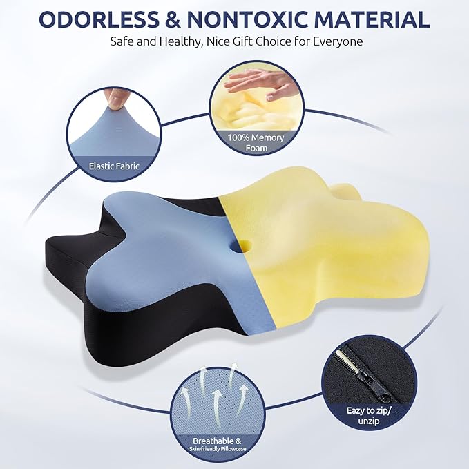 DONAMA Cervical Neck Pillow for Pain Relief,Odorless Contour Memory Foam Pillows with Cooling Pillowcase Cozy Sleeping, Orthopedic Ergonomic Bed Pillows for Side Back Stomach Sleepers