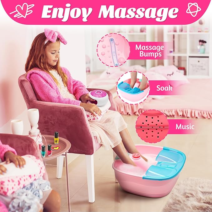 Kids Spa Day Kit with Foot Spa, Nail Dryer & Bath Bombs - Music Foot Soak Tub & Nail Polish Set for Girls Aged 6-12 - Perfect for Christmas or Birthday Gifts