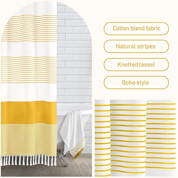 Awellife Boho Yellow Shower Curtain for Bathroom Stripe Tassel Shower Curtain 72 X 72 Inches Farmhouse Cotton