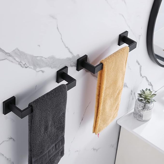 LANC 12-Inche 2-Pack Bathroom Towel Bars, Matte Black Square Bathroom Towel Racks Hand Towel Holders Total-14 Stainless Steel Wall Mount Shower Towel Rail Towel Hanger Rods,A8804-3MB