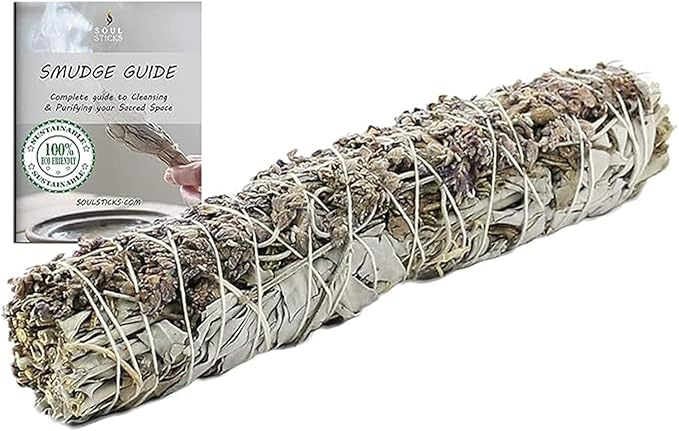 Soul Sticks 9 Inch 1 Pack Organic White Sage & Lavender Smudge Stick With Starter Guide, Bulk Quantities for Home Cleansing, Meditation, & Smudging Rituals, Sustainably Sourced California White Sage