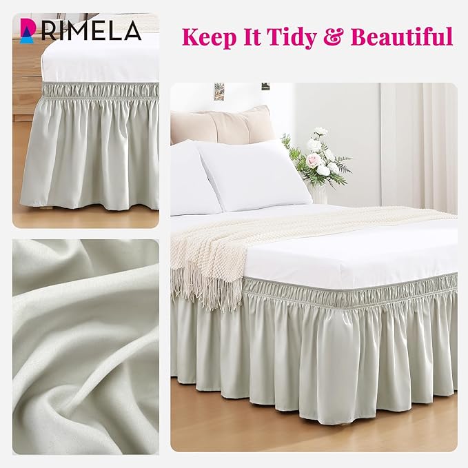 RIMELA Light Grey Bed Skirt King Size 15 Inch Drop, Wrap Around Elastic Bedskirt, Dust Ruffle for Adjustable Bed Base Machine Washable Easy to Install Bed Skirts