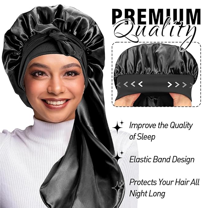2Pcs Bonnets for Black Women Braid Bonnet, Large Long Satin Bonnet for Braids, Silk Bonnet with Stretchy Tie Band Sleep Cap Hair (2Pcs-Black&Leopard)