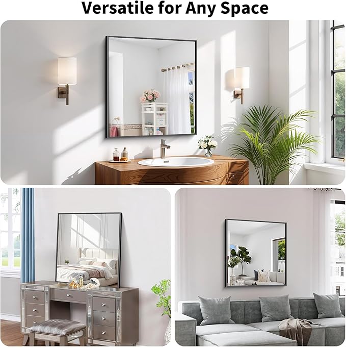 Koonmi Black Framed Bathroom Mirror - Shatterproof 30"x22" Tempered Glass, HD No Distortion, Horizontal/Vertical Mount, Modern Matte Aluminum Alloy Frame