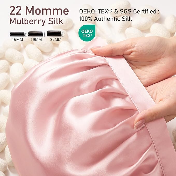 LitBear 100% Mulberry Silk Bonnet for Sleeping Women, 22 Momme Silk Hair Wrap with Elastic Band for Natural Curly Hair Long Short, Non-Slip Night Cap Reduce Friction Pink