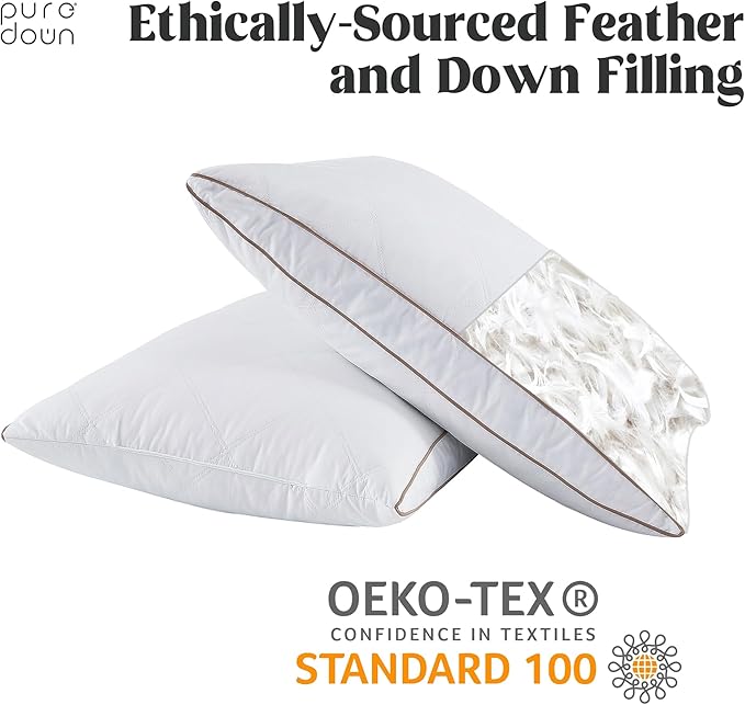 puredown® Natural Goose Down Feather Pillows for Sleeping Oval Gusseted Feather Down Pillow 100% Cotton Pillow Cover with Leaf Quilting King Set of 2