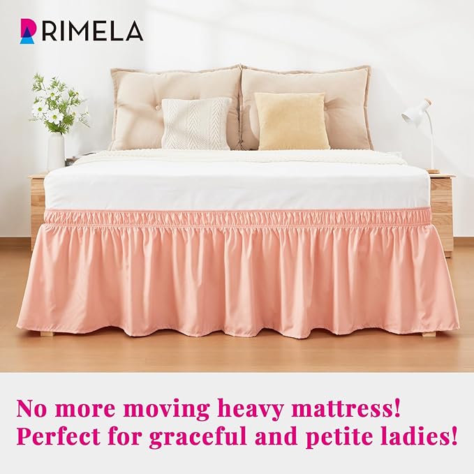 RIMELA Peachy Coral Bed Skirt King Size 15 Inch Drop, Wrap Around Elastic Bedskirt, Dust Ruffle for Adjustable Bed Base Machine Washable Easy to Install Bed Skirts