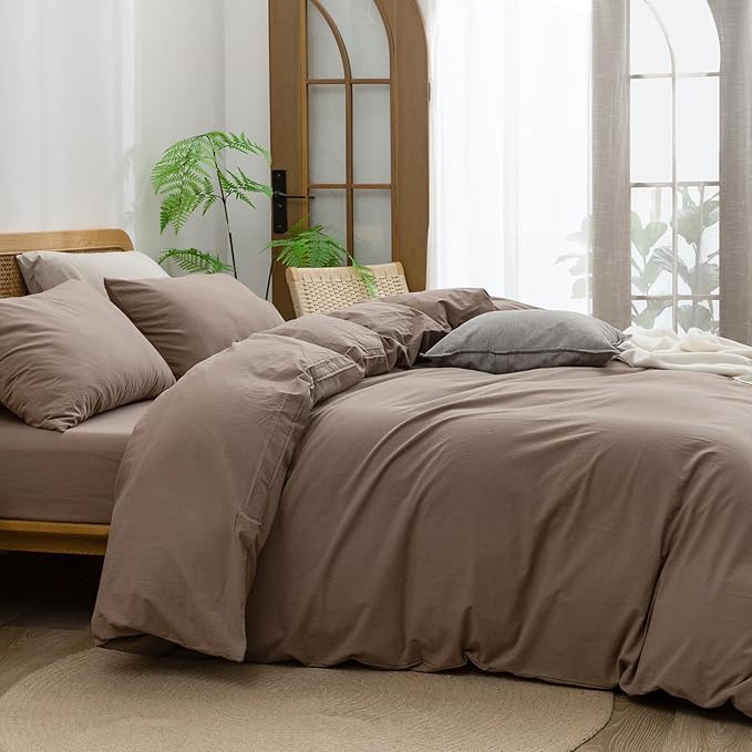 BESTOUCH Duvet Cover Set 100% Washed Cotton Linen Feel Super Soft Comfortable Chic Lightweight 3 PCs Home Bedding Set Solid Pine Bark Brown Oversized Queen