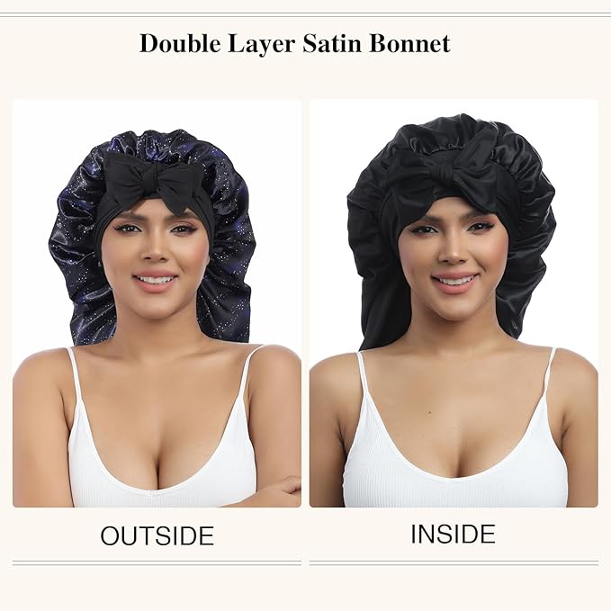 AWAYTR Long Satin Bonnet for Women - Double Layer Elastic Silk Bonnet for Braids Hair Sleeping Cap with Tie Band (Nebula+Black)