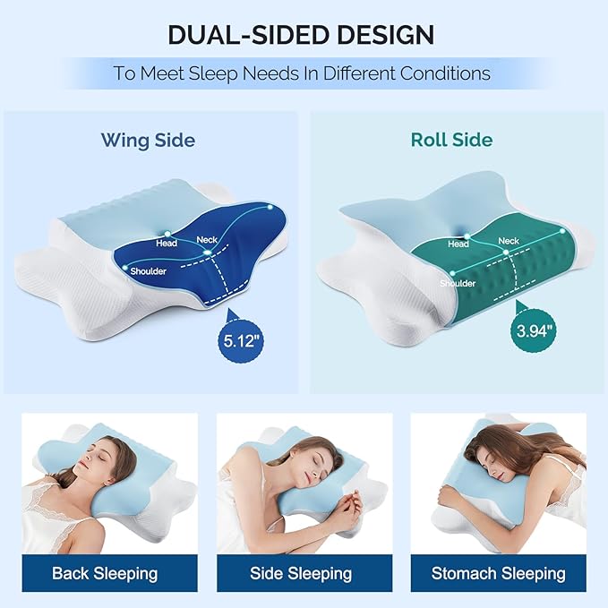 Cervical Pillow for Neck Pain Relief - Cooling Ergonomic Dual-Sided Orthopedic Neck Pillow with Ice Silk Pillowcase, Breathable Memory Foam Contour Pillow for Side, Back, Stomach Sleepers