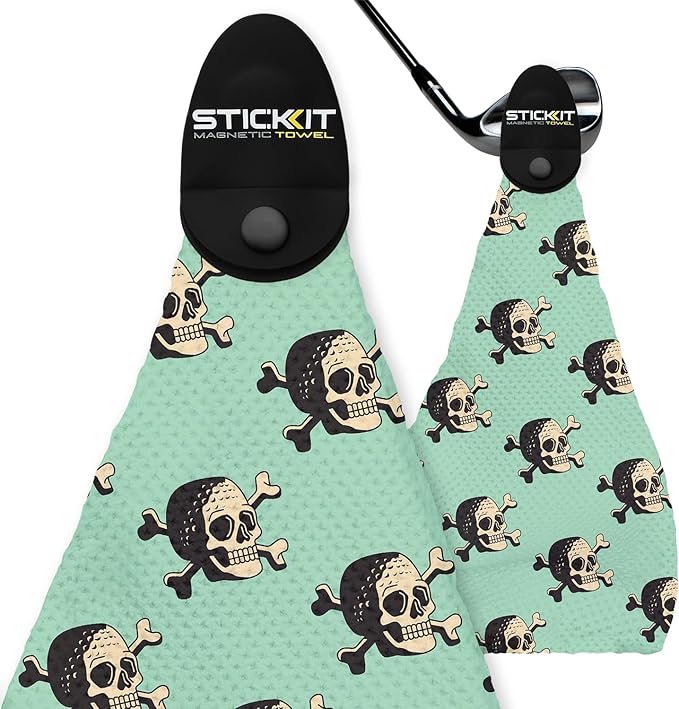 STICKIT Magnetic Seafoam Green Golf Towel with Golf Ball Skulls | Top-Tier Microfiber Golf Towel with Deep Waffle Pockets | Industrial Strength Magnet for Strong Hold to Golf Carts or Clubs