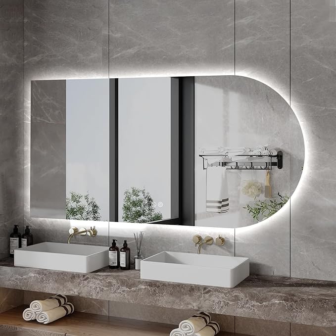 Arched LED Bathroom Mirror, 40"x24" Arch Framless Backlit Mirror with Lights Vanity Mirror for Makeup, Anti-Fog, Dimmable, 3-Color, Memory Function, IP65 Waterproof, UL Listed, Horizontal-Left