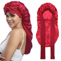 AWAYTR Long Satin Bonnet for Women - Double Layer Elastic Silk Bonnet for Braids Hair Sleeping Cap with Tie Band (Wine Red)