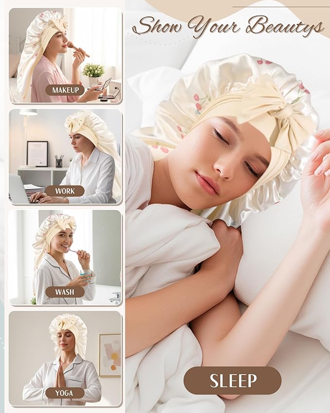 AWAYTR Long Satin Bonnet for Sleeping, Reversible Double Layer Hair Bonnet with Elastic Tie Band (Cherry Print+Beige)