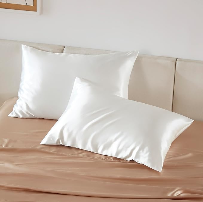Bedsure Satin Pillowcase with Zipper, Similar to Silk Pillow Cases 2 Pack, White Satin Pillow Cases Queen Size Set of 2, Silky & Soft Pillow Covers for Hair & Skin, Gifts for Women Men, 20x30 Inches