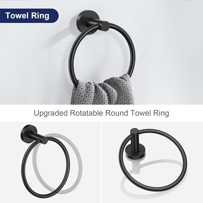 Lairuier 5 Pieces Matte Black Bathroom Accessories Set, 23.6 Inch Bath Towel Bar Set, SUS304 Stainless Steel Bathroom Hardware Set Round Toilet Paper Holder Set Wall Mounted