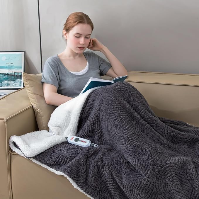 Heated Blanket Twin Size- 62"x84" Cozy Soft Jacquard Heating Blanket with 4 Heat Levels & 4 Hours Auto-Off, Jacquard Fleece, Overheating Protection, Warm Gifts, Grey