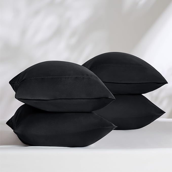 Bedsure Queen Pillow Cases Set of 4 - Black Brushed Microfiber Pillowcases 4 Pack, Super Soft Pillowcase, Pillow Case Covers with Envelope Closure, Wrinkle, Fade and Stain Resistant, 20x30 Inches