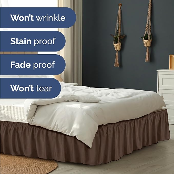 Wrap Around Dust Ruffle Bed Skirt - Brown - for Full Size Beds with 18 Inch Drop - Easy Fit Elastic Strap - Adjustable Pleated Bedskirt w/Brushed Fabric - Wrinkle Free - for Women, Men, Kids & Teens