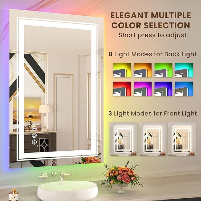 WTTY RGB LED Bathroom Mirror 30"x36" with Backlit and Front Light,Stepless Dimmable LED Mirror for Bathroom,Lighted Bathroom Vanity Mirror for Wall,Anti-Fog,Memory Function,Shatter-Proof