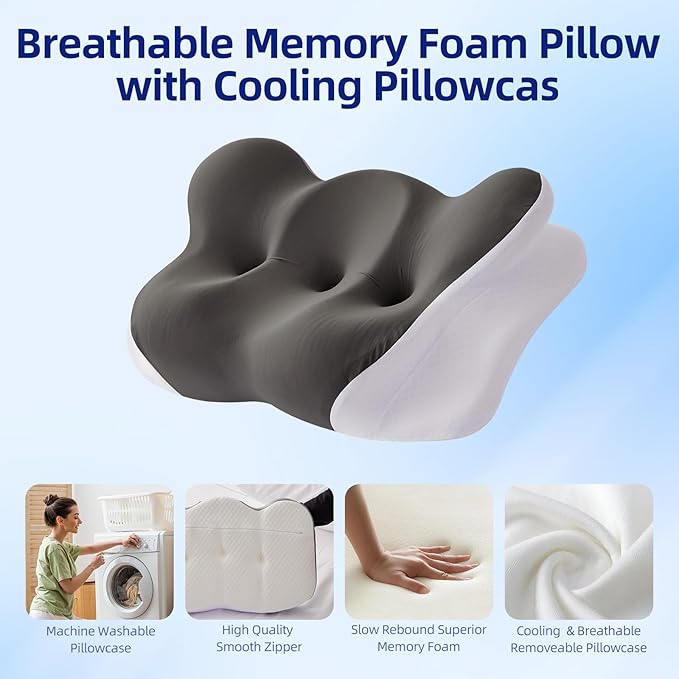 Cervical Neck Pillow for Sleeping, Dual-Height Contour Pillow for Neck Pain Relief, Butterfly Ergonomic Memory Foam Neck Support Pillow with Cooling Breathable Cover for Side Sleepers, Queen Brown