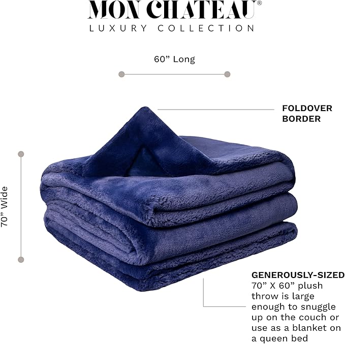 Mon Chateau 60" x 70" Embrace Foldover Faux Fur Throw, Plush Throw with 6cm Foldover for Couch, Sofa, or Bed, Ultra Soft Blanket for Sleeping or Home Decor, Midnight Tide